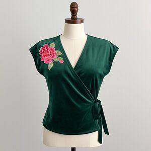 Emerald Velvet Wrap Top with Embroidered Rose – Size Large